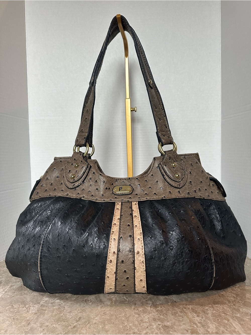 Plum Faux Ostrich Leather Pleated Satchel Shoulder Bag Purse Y2K Hobo Grunge